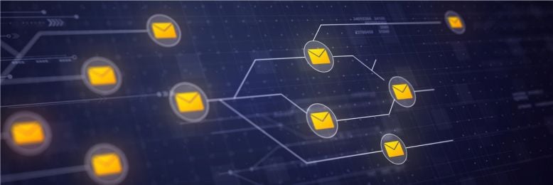 Digital graphic of an email network highlighting DMARC policy enforcement 