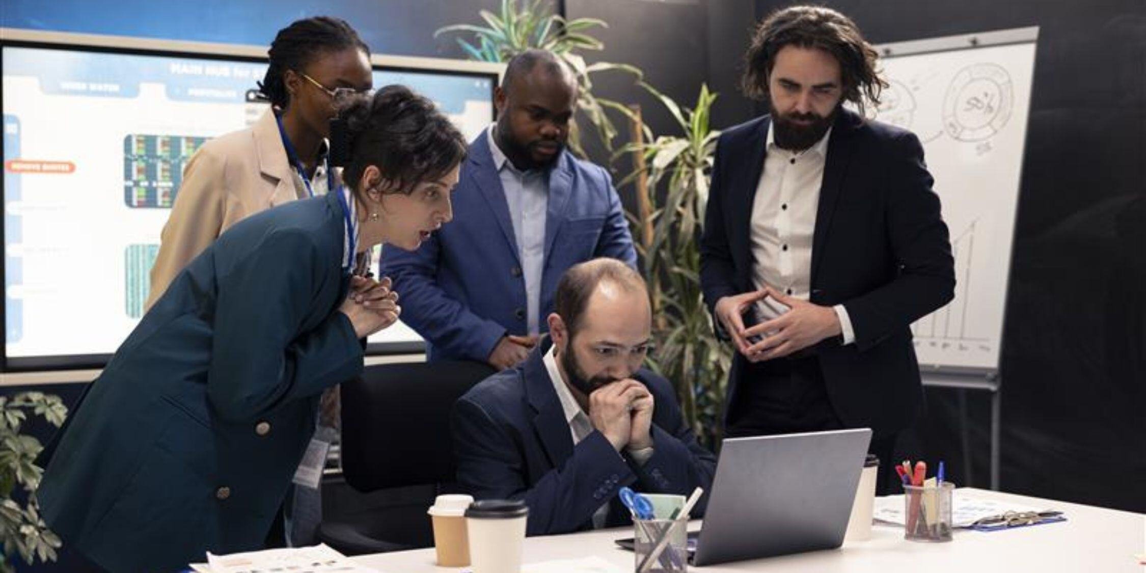 A concerned team gathered around a laptop, discussing liability when a business gets hacked and the MSP’s role in response