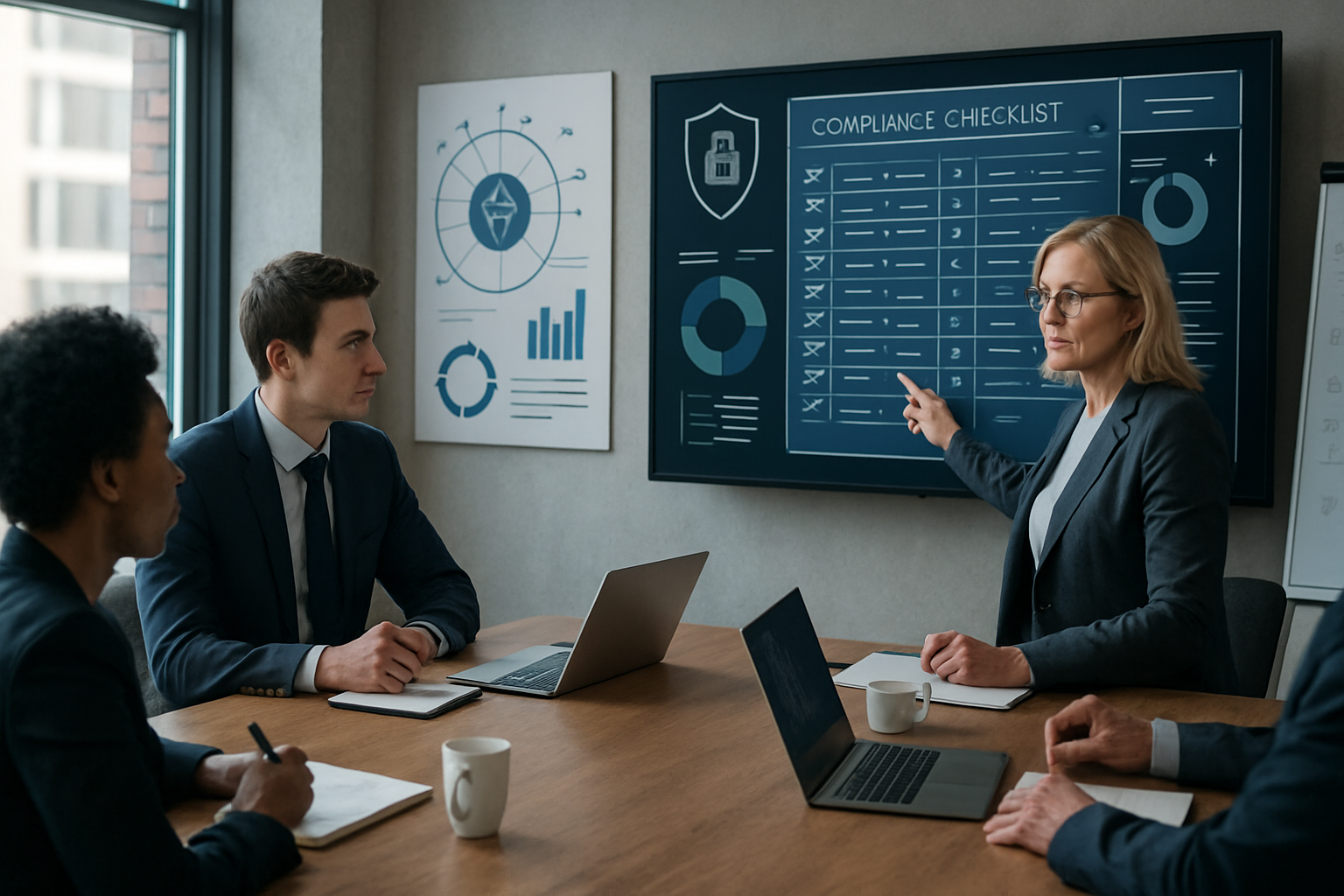 The image depicts a modern office environment where a diverse group of business leaders are engaged in a discussion around a large conference table On-2