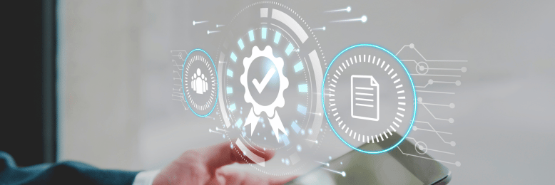 Businessperson using a tablet with quality control graphics, related to patch management