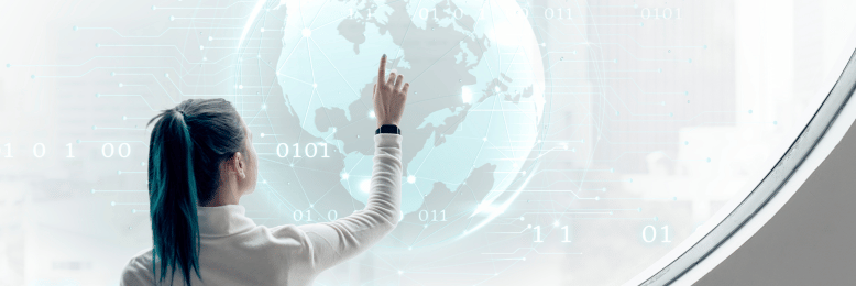 Businesswoman interacting with a futuristic global tech interface for 2024 strategic planning