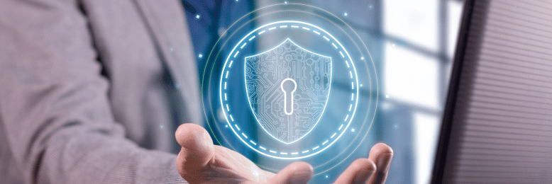 Cybersecurity expert showcasing a digital shield, symbolizing defense against email spoofing
