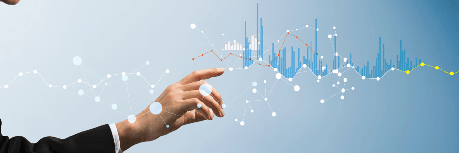 Hand touching Data Analytics digital graphs and charts