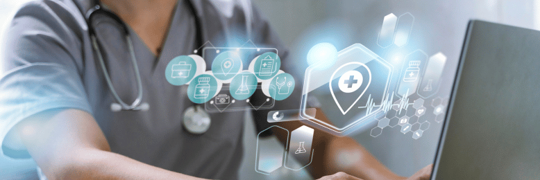 Doctor using a laptop with healthcare symbols, symbolizing MSPs digital healthcare solutions