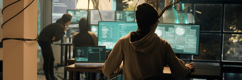 Hacker in a hoodie at a workstation, possibly exploiting port 3389 vulnerabilities