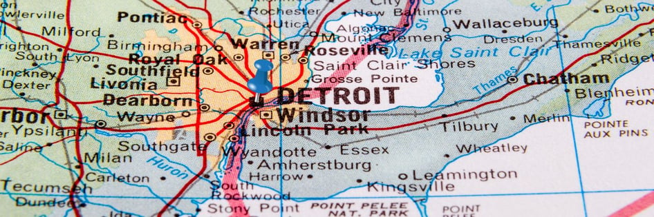 a pin on the map pointing to detroit