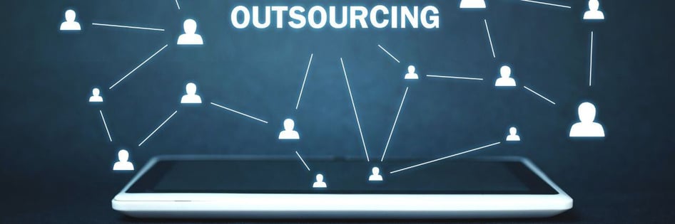 the word outsourcing on top of a tablet connected by multiple users