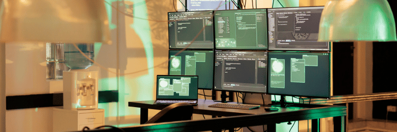 High-tech workspace setup displaying monitors for managing SOC 2 compliance