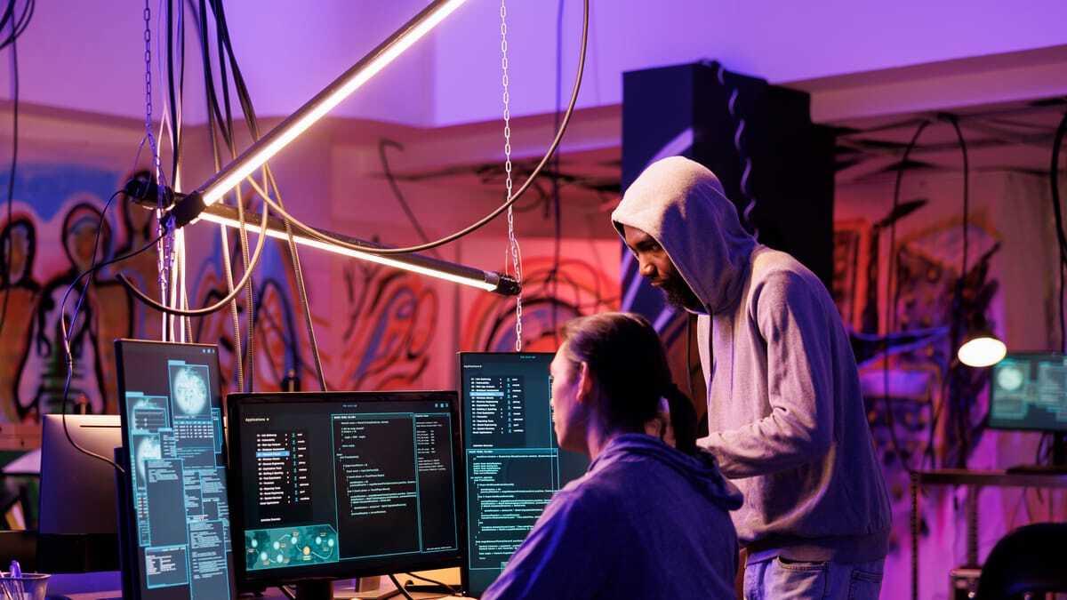 Hackers writing malicious code in a dark room