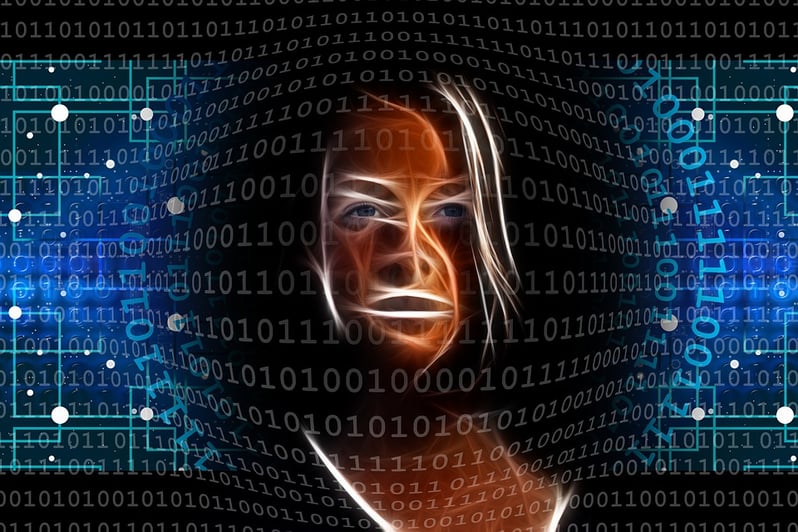 An AI face composed of binary code