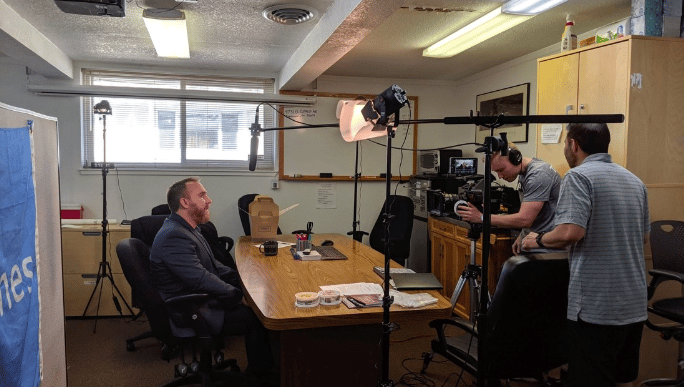 Sean shooting a cybersecurity bootcamp