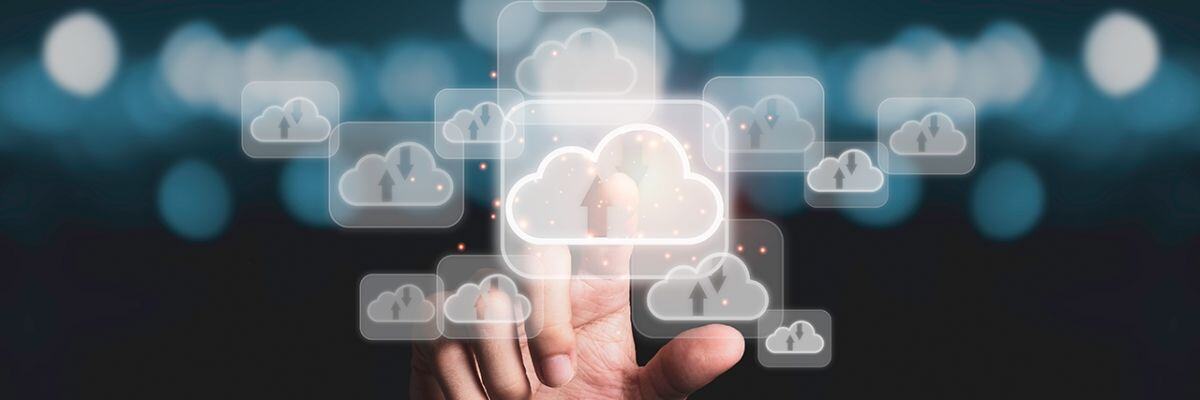 finger pointing to multiple data on the cloud