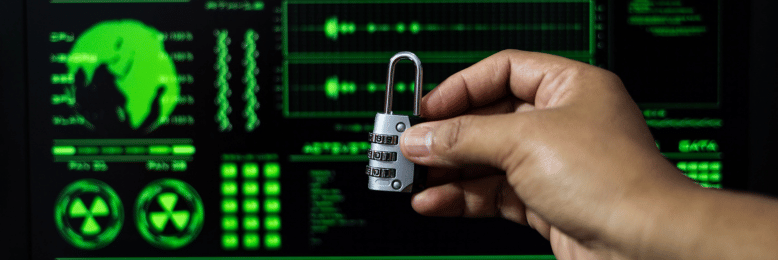 Padlock in front of cyber security data, illustrating ransomware protection