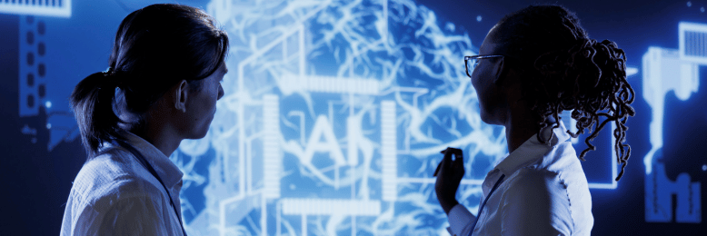 Tech professionals analyzing complex data to tackle 2024 business technology challenges