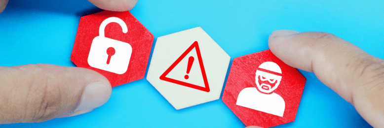 Visual metaphor for email spoofing with hexagon caution symbols on a red background