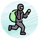 a thief running away with a green bag on his shoulder