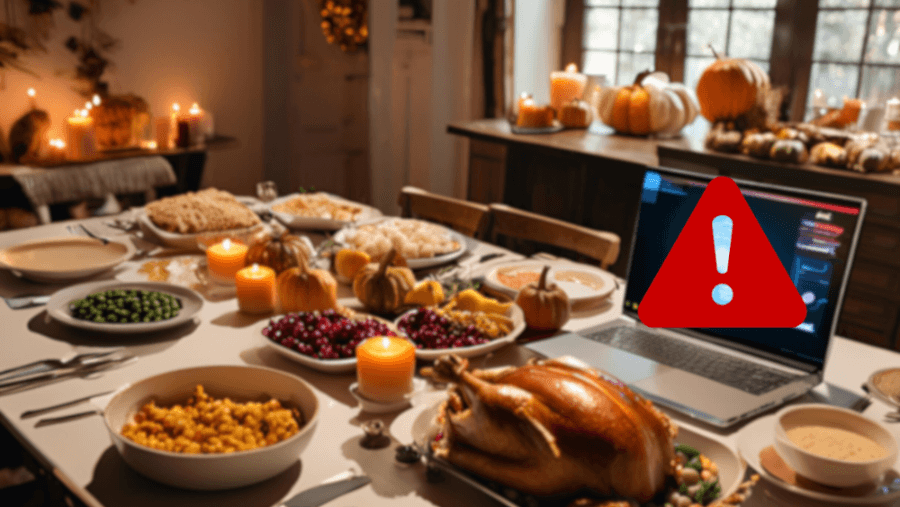 Thanksgiving dinner table with a laptop displaying a red alert symbol, symbolizing the importance of cybersecurity during holiday gatherings.