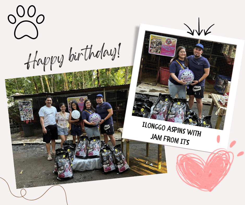 Jam from ITS, with the Ilonggo Aspins team, standing beside donated sacks of dog food and cakes to support the shelter.