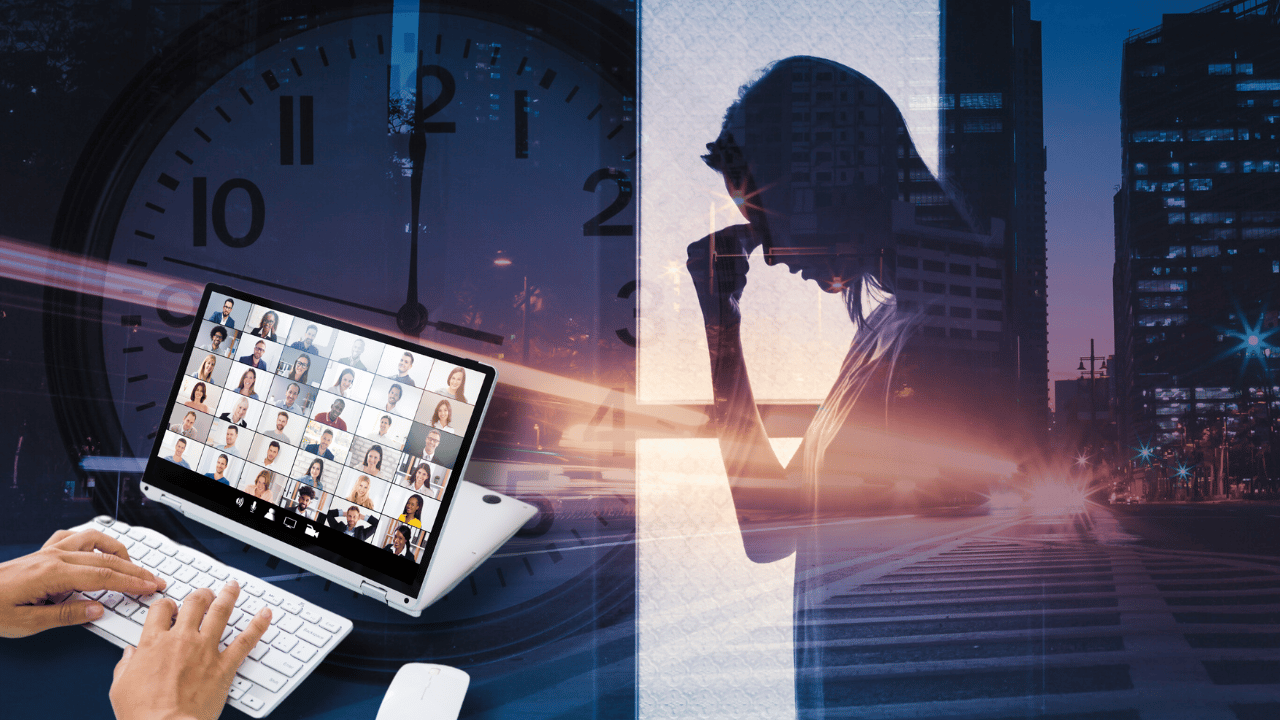 Blended image of a clock, a virtual meeting on a laptop, and a thoughtful individual against a cityscape, symbolizing time management and productivity gains