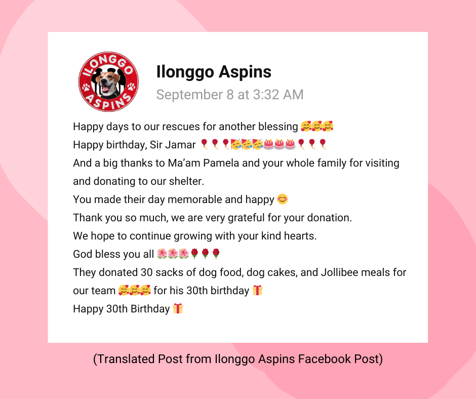A Facebook post from Ilonggo Aspins thanking Jam and Pamela for their donations of food and support during Jam's 30th birthday.