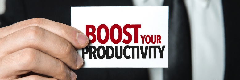 hand holding a card with boost your producitivy written on it