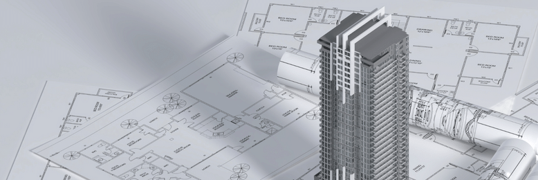 multiple building plans and a 3D building model