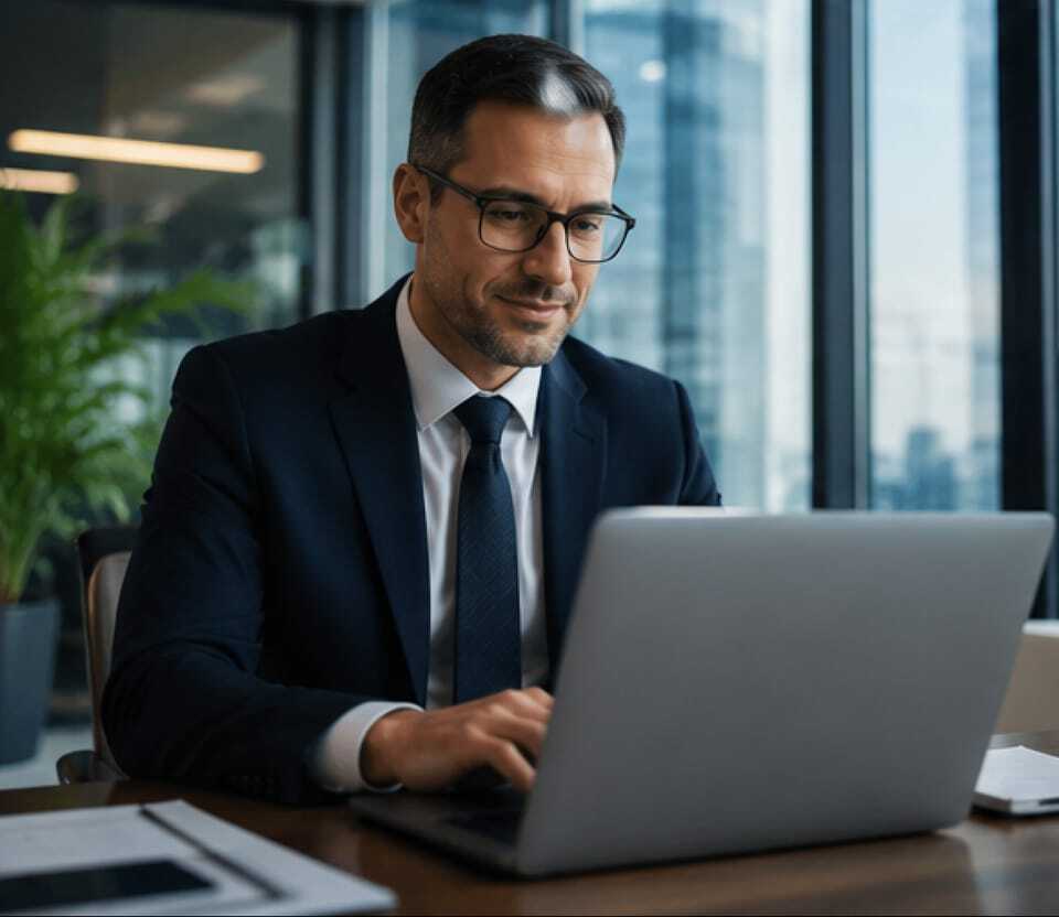 Financial services professional working at a laptop