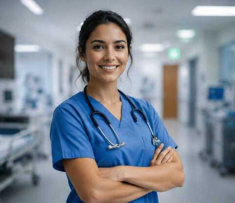 Healthcare professional in a hospital corridor