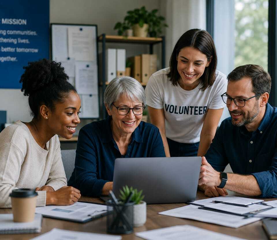 Nonprofit volunteers working together at a shared desk