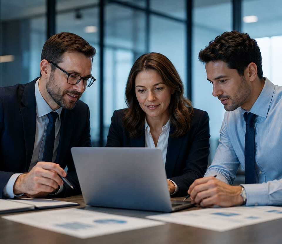 Professional services team collaborating around a laptop