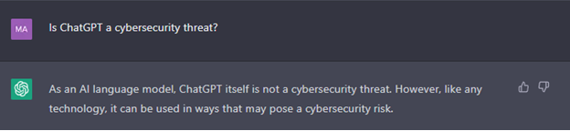 asking ChatGPT if it's a cybersecurity threat