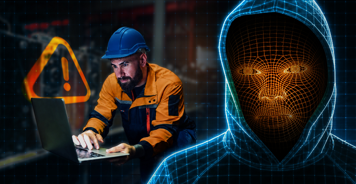 Manufacturing worker using a laptop beside a digital hacker graphic, representing AI-powered cyber threats to industrial systems.
