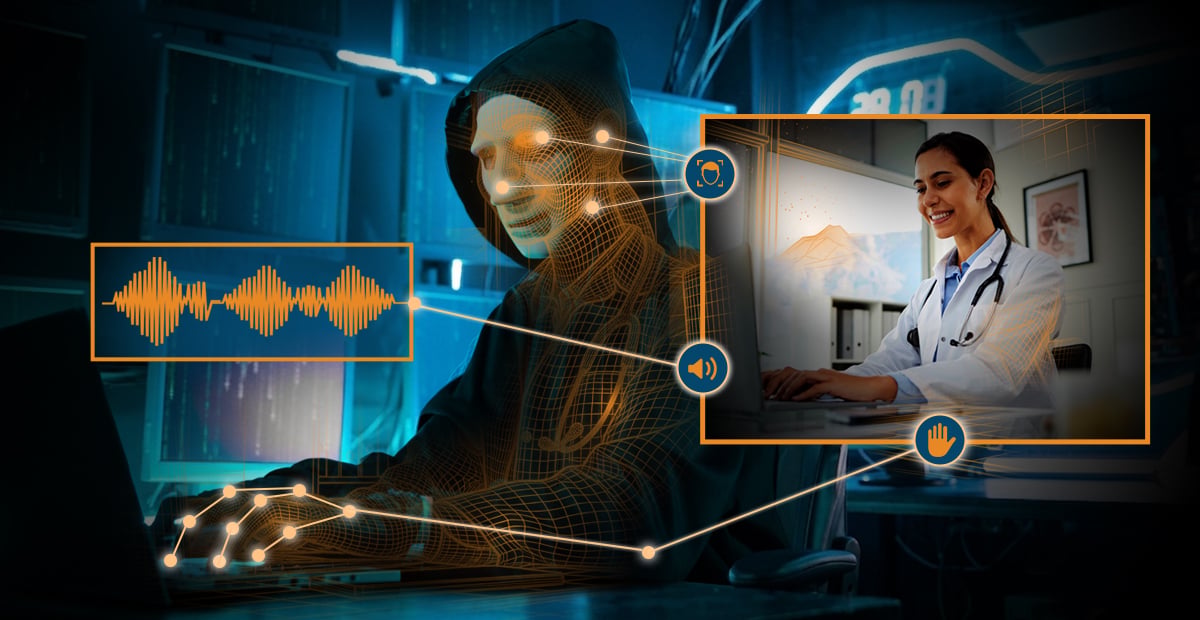Healthcare professional using a laptop beside a digital face illustration, highlighting deepfake cybersecurity risks in healthcare.
