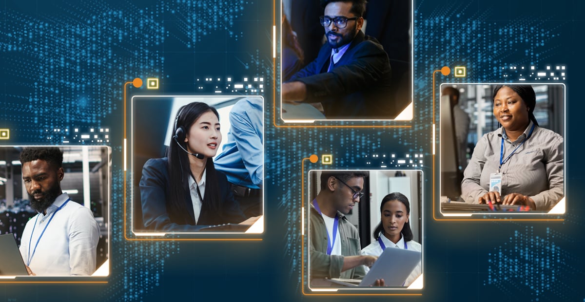 Global IT support professionals monitoring systems and handling business data in a managed cybersecurity environment