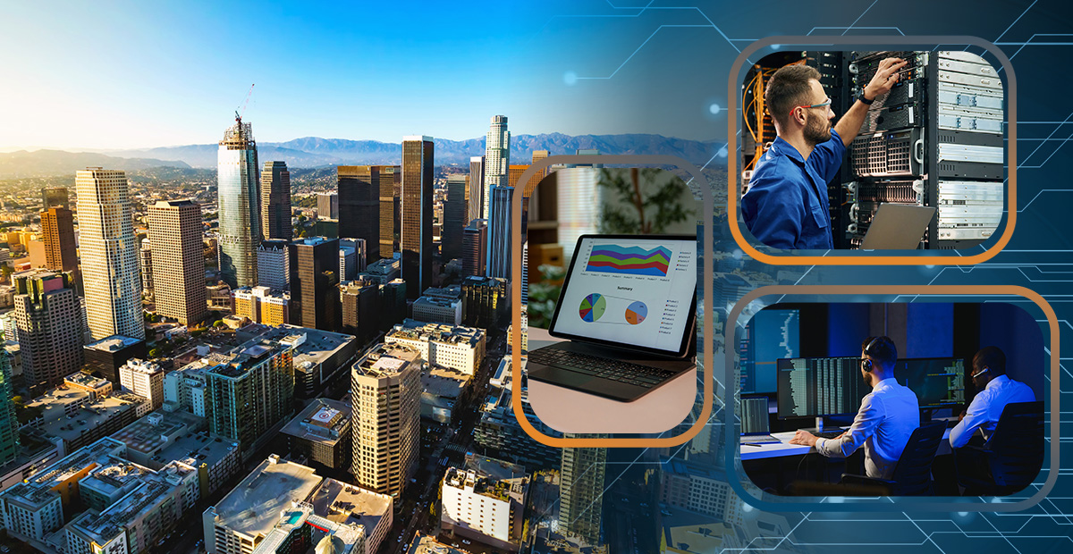 Los Angeles skyline with IT professionals managing networks, representing top managed IT service providers in Los Angeles.