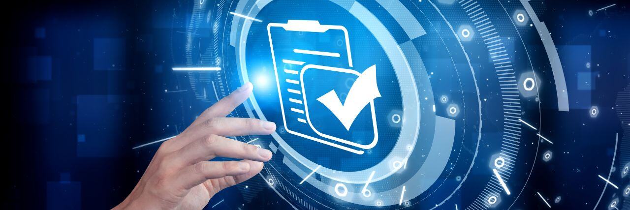 a person pointing to a hologram of a good compliance report