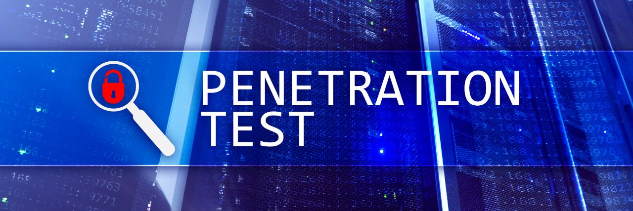 The words Penetration Testing beside a magnifying glass with data servers as background