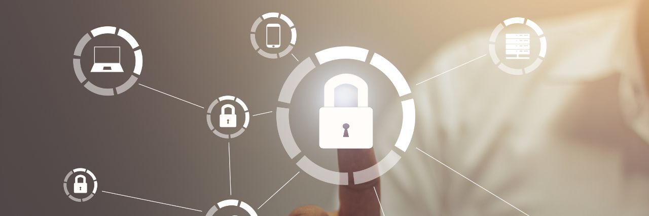 A person pointing on a cybersecurity symbol applying the government's cybersecurity policy