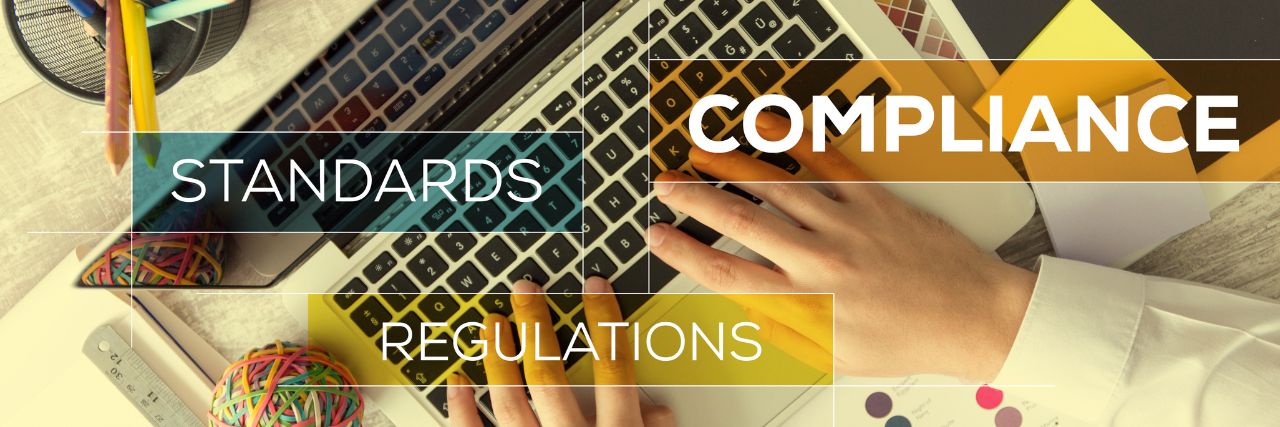 Compliance, standards, and regulations with a person on laptop in the back