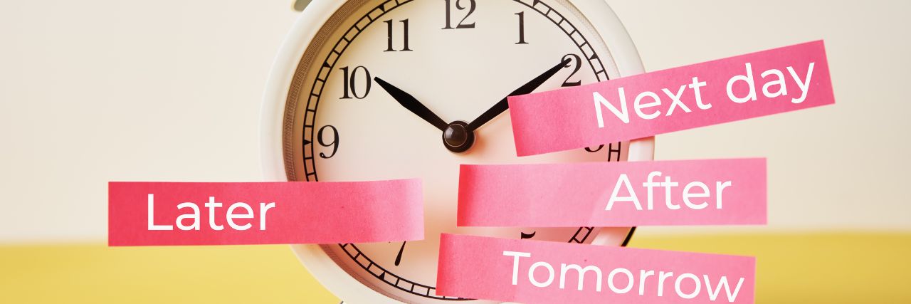 a clock with notes stuck on it with the words Later, Next Day, After, Tomorrow