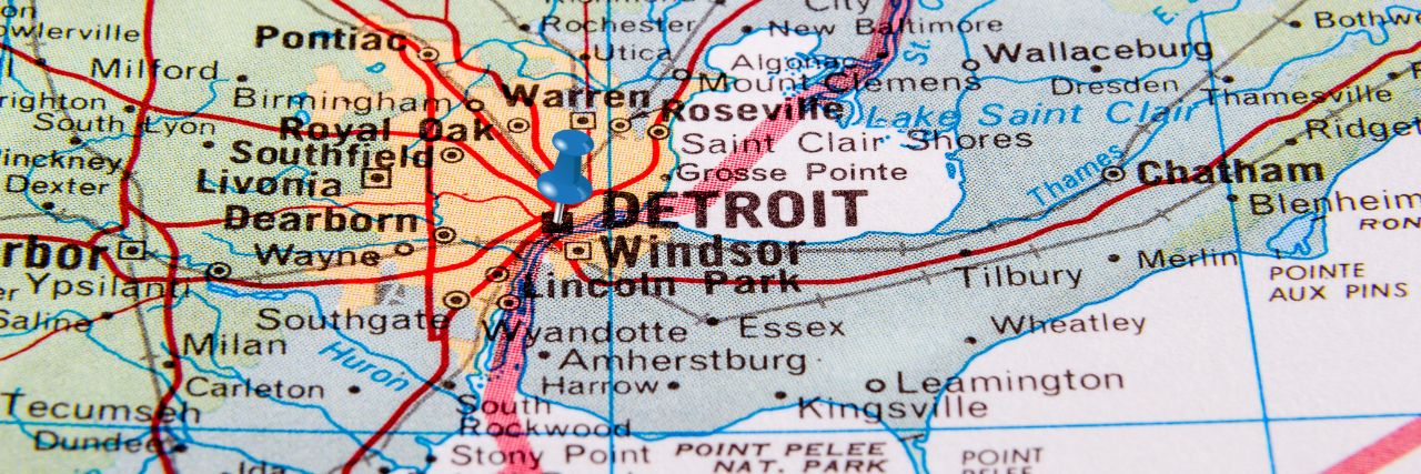a pin on the map pointing to detroit