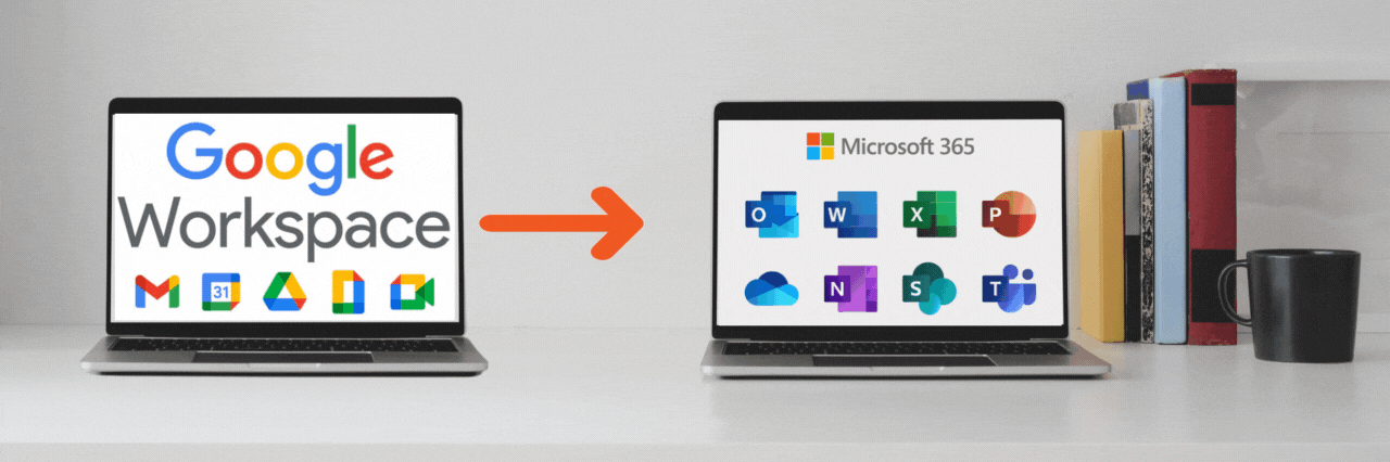 two laptops on the table with one using Google Workspace and the other Microsoft 365