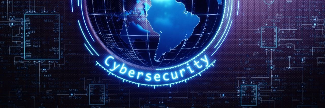 A globe with cybersecurity around it protecting it from threats