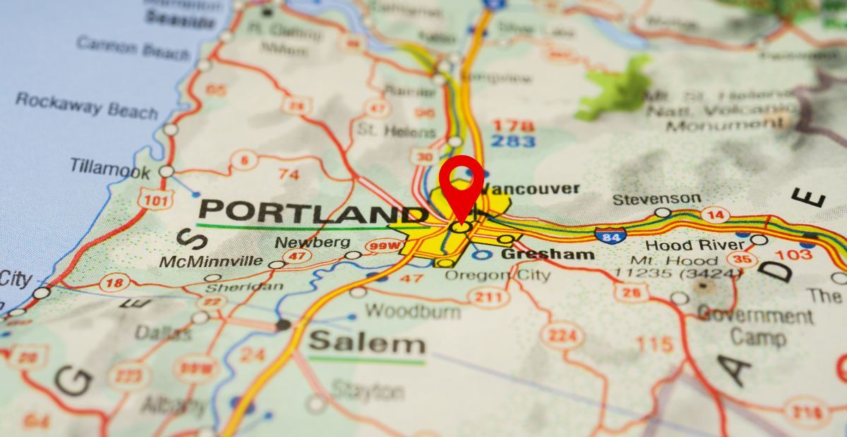 a map with a pin to portland