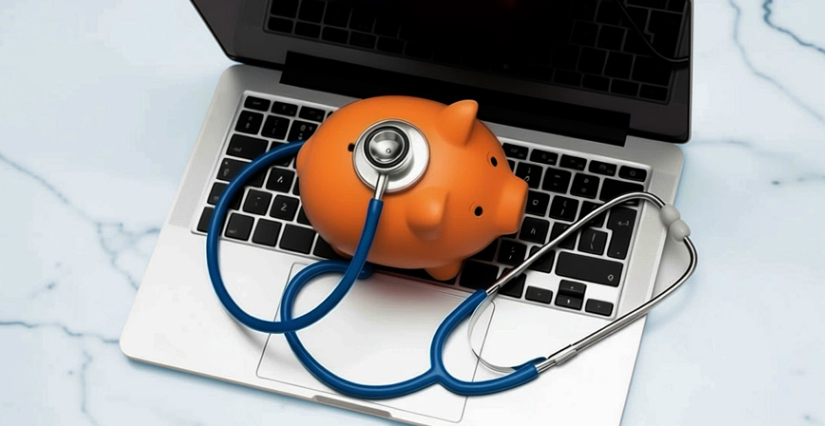 Piggy bank with stethoscope on laptop symbolizing how rural hospitals can prevent revenue leakage without cutting services.