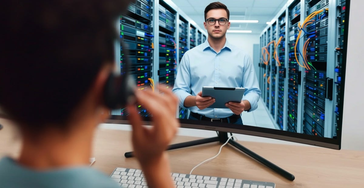 IT manager in server room supports staff remotely via video call, illustrating how co-managed IT strengthens internal teams.