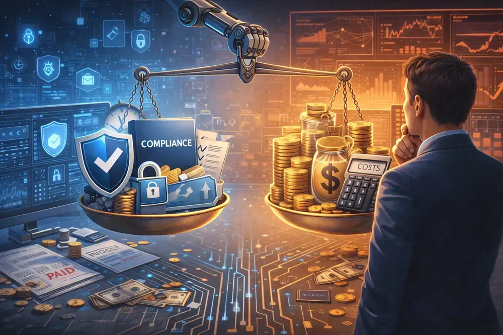 Business leader comparing cybersecurity costs and compliance investments to estimate realistic cybersecurity budget needs.