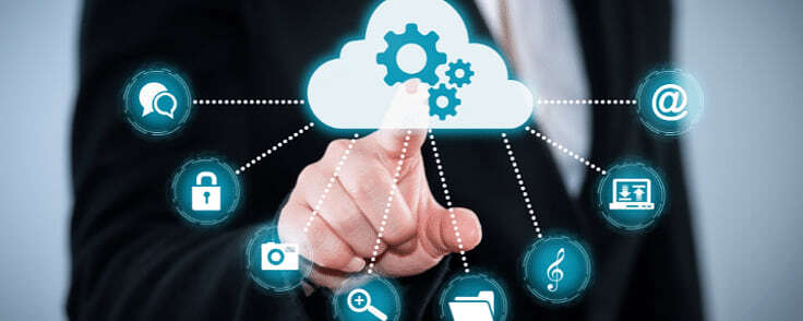 Hand touching a cloud services diagram
