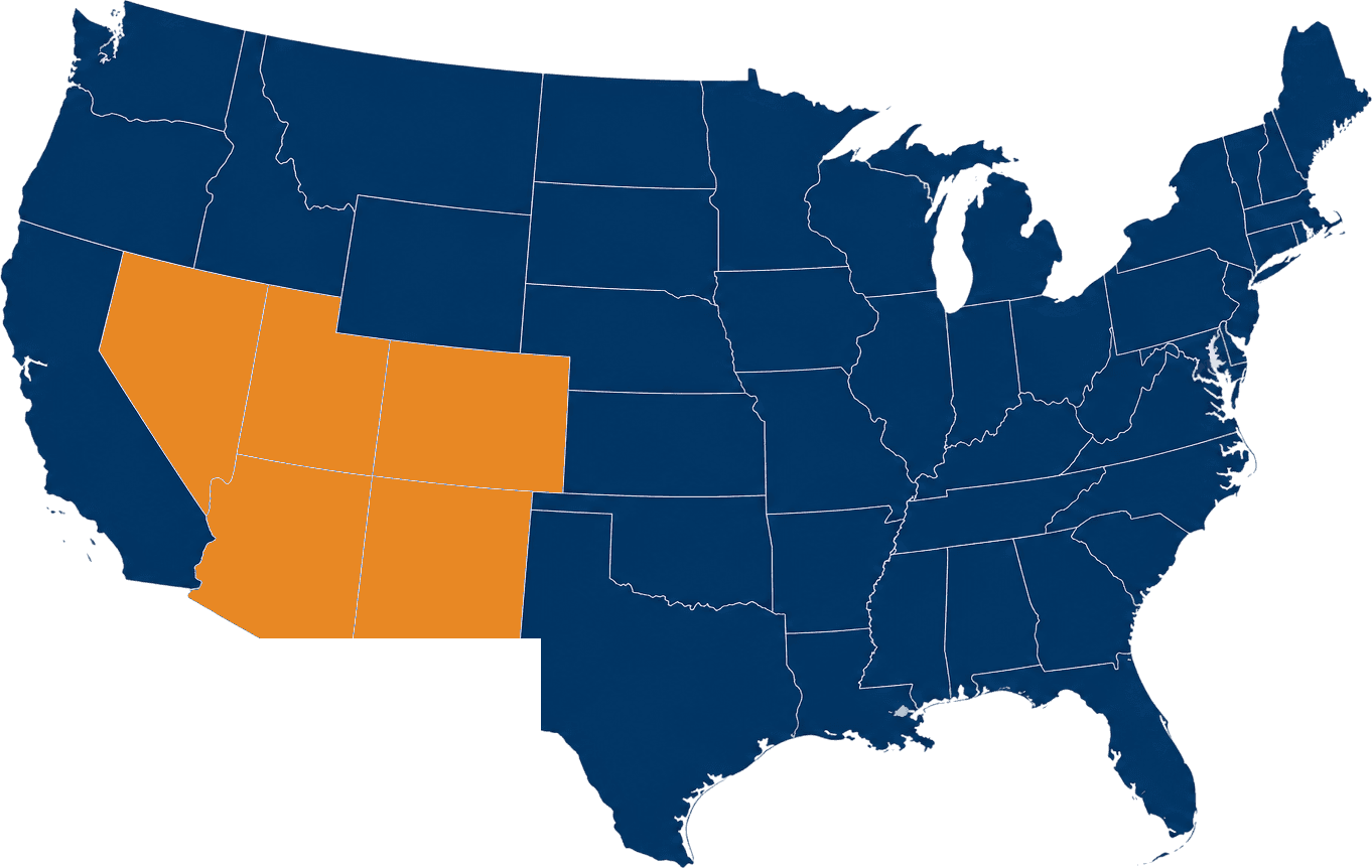 Map of the United States highlighting Nevada, Utah, Colorado, Arizona, and New Mexico