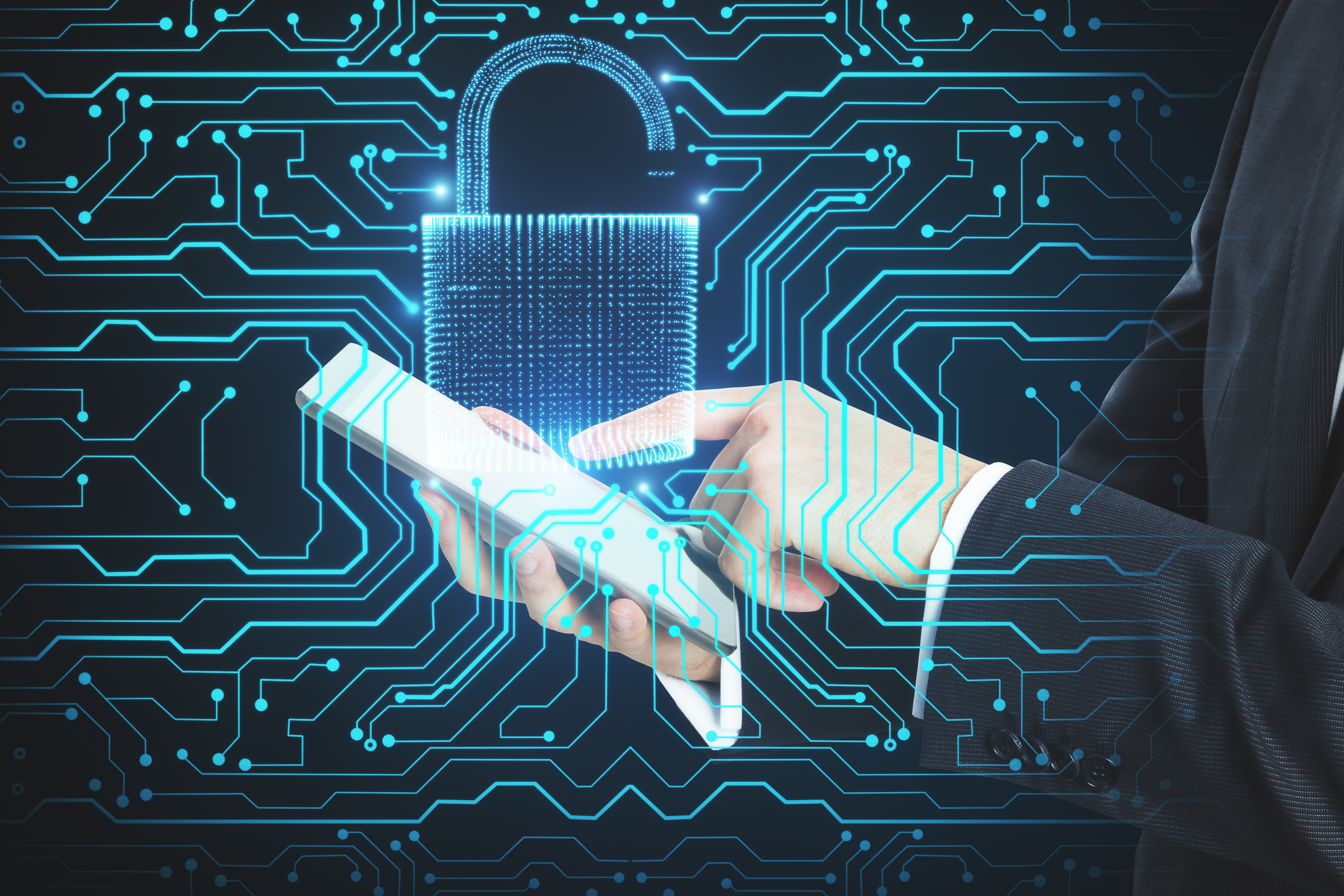 Layered cybersecurity shields executive tablets and business data from digital threats with advanced lock protection.